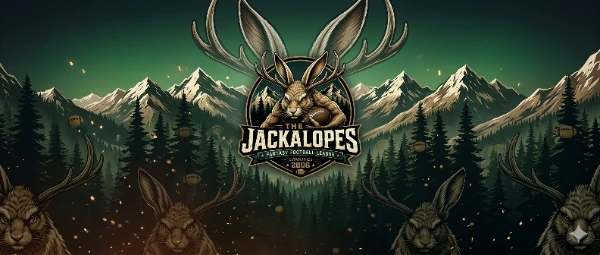 The Jackalopes fantasy football league crest, set in a mountain landscape